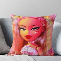 a pink doll with long hair and bright makeup on it's face throw pillow