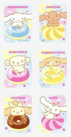 four different pictures of cartoon animals with donuts on them and the words cappuccino