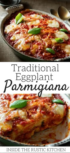 traditional eggplant parmesan in a pan with basil garnish