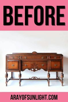 an old dresser with the words before and after on it, in front of a pink background