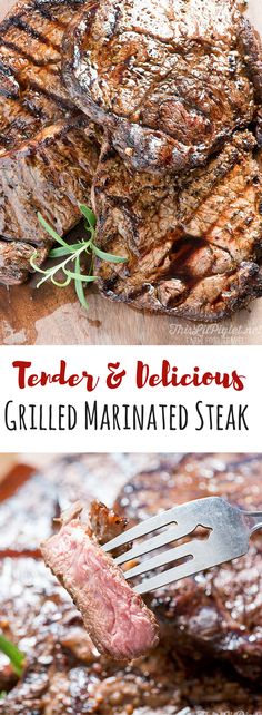 grilled marinated steak on a cutting board with a fork