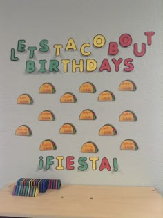 there is a sign that says let's taco bout birthdays and fiesta