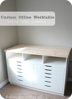 a white desk with drawers in the corner and text overlay that reads custom office worktable using ikea drawers