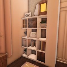 a room with a book shelf, lamp and other items on the shelves in it