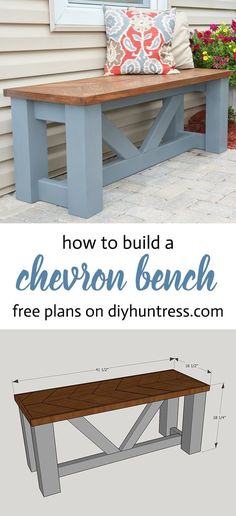 an outdoor bench with the text how to build a chevron bench free plans on diyhunness com