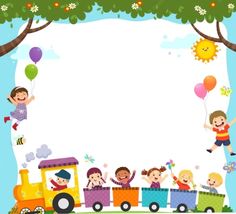 children are riding on a train with balloons and flowers in the sky above them is an empty