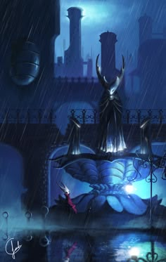 a painting of a fountain in the rain with an evil figure on it's side