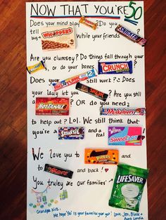 a poster with candy on it that says now that you're 50