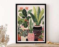 an art print of potted plants on a shelf