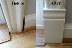 before and after shots of a wood floor with white mold on the bottom part of the door