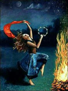 a painting of a woman dancing around a fire with her hands in the air,