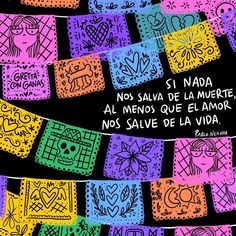 a black background with colorful doodles and words on the bottom right hand corner