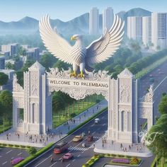 an artist's rendering of the welcome to palembang arch in front of a cityscape