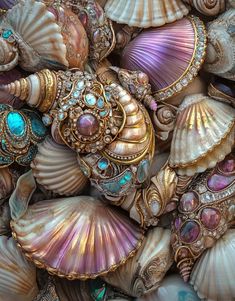 many seashells are stacked together in rows