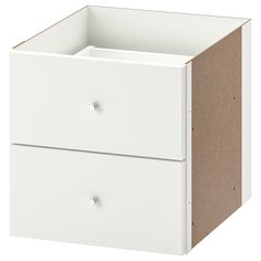 a white drawer with two drawers on each side and a brown cardboard box at the bottom