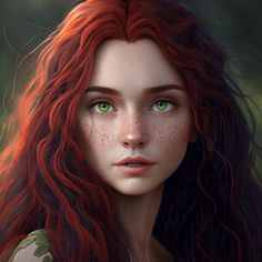 a woman with long red hair and green eyes