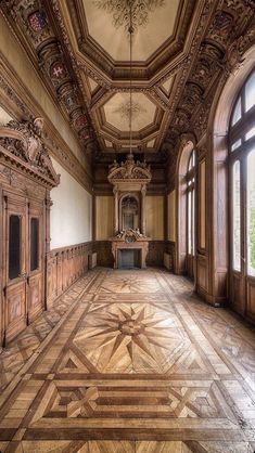 an ornately decorated room with large windows and wood paneled walls, along with marble flooring