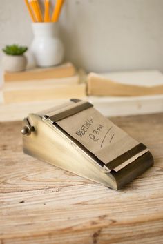 Kalalou Desk Top Note Roll In Antique Brass Dispenser | Modishstore | Home Accents Industrial Style Desk, Brown Desk, Brass Desk, Note Holders, Future Apartment, Desk Top, Antique Farmhouse, Desk Accessories, Wood Projects