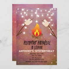 a birthday party card with a campfire and marshmallows on the string