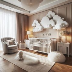 a baby's room is decorated in neutral colors