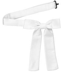 This white Kentucky colonel tie is perfect for pairing with a white suit. Wear it for everyday attire, for formal events like weddings, uniform attire or even with costumes. As far as the size, this western style tie features a 4-inch bow (measured across) and 5-inch long string tails. It’s a pre-tied style, so there’s no tying involved. The band collar easily adjusts to fit most adults. We recommend this shade for a basic, bright white. See it in person by requesting a free color swatch. Produc Classic White Bow With Ribbon, White Tuxedo For Black Tie Event, White Bow Tie For Black-tie Events, White Bow Tie For Black Tie Events, Classic White Bow Ties, Classic White Bow With Ties, Adjustable White Satin Bow, Classic White Bow For Formal Occasions, Formal White Bow Tie With Ribbon