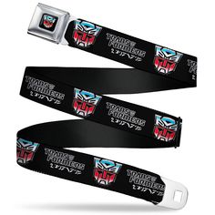 Transformers Autobots Icon Full Color Black/Blues/Red/White Seatbelt Belt - TRANSFORMERS Autobots Cybertronian Icon Black/Blues/Red/White Webbing Seatbelt Belts Hasbro Seatbelt Belt, Transformers Autobots, Buckles Fashion, Safety Devices, Fashion Belts, Conversation Starters, Seat Belt, Chrome Plating, Workout Pants