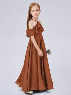 Description:   Ruffled Chiffon Junior Bridesmaid Dress   Details:     Silhouette: A-line  Fabric: Chiffon  Neckline: the Shoulder  Sleeve Length: Sleeveless  Embellishment: Pleated  Floor-length chiffon dress.   With padding and boning.    Available in full-size range (J4-J16) and in  custom size         Ask a question Rust Junior Bridesmaid Dresses, Burnt Orange Junior Bridesmaid Dresses, Fall Flower Girl Dresses, Forest Green Bridesmaid Dresses, Rust Bridesmaid Dress, Dress Georgette, Dusty Rose Bridesmaid Dresses, Full Maxi Skirt, White Bridesmaid Dresses