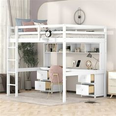 a white loft bed with desk underneath it and shelves below the bed, in a room with hardwood floors