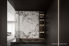 a bathroom with marble walls and flooring in black and white colors, along with a walk - in shower