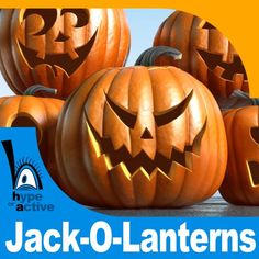 jack - o - lanterners are stacked on top of each other in front of a yellow background