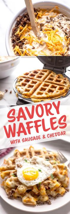 savory waffles with sausage and cheddar are served on white plates