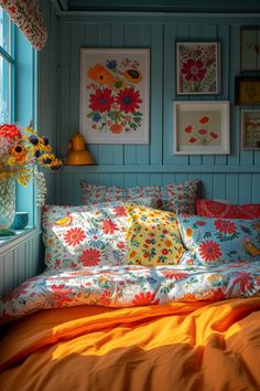 a bedroom with blue walls and colorful bedding