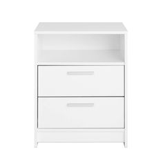 a white night stand with two drawers on one side and an open drawer on the other