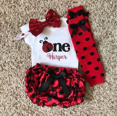 two pieces of red and black clothing with ladybug on the front, one in white shirt and polka dot ruffle skirt