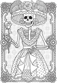 a coloring page with a skeleton in a dress