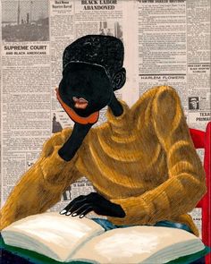 a drawing of a person sitting in a chair reading a book with their head on top of an open book