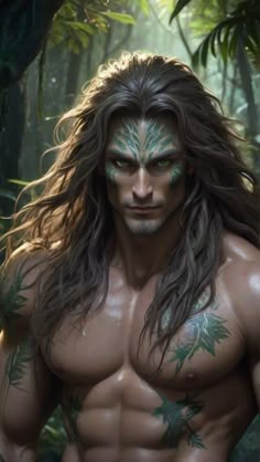 a man with long hair and tattoos on his face standing in the jungle, looking at the camera