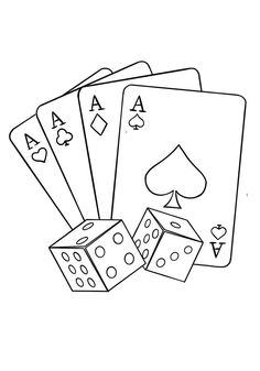 four playing cards with dices on the table coloring pages for kids to print and color