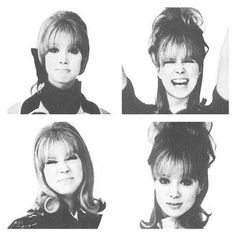 four pictures of the same woman with different hair styles and facial expressions, all in black and white