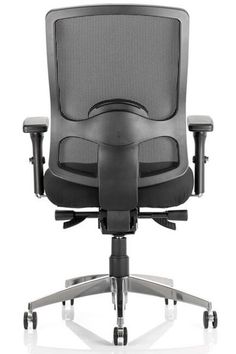 an office chair with black mesh back and seat, viewed from the front on a white background