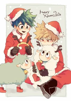 two boys in santa hats and one boy is holding a sheep while the other looks on