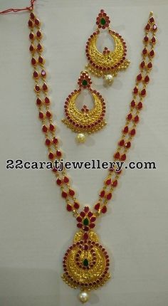 Ruby Long Haram Designs, Ruby Haram Designs, Stone Haram Designs Gold, Susan Shaw, Kalyan Jewellers, Temple Jewellery Earrings, Haram Designs