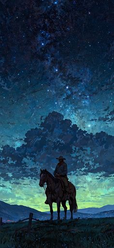 a man riding on the back of a horse under a night sky filled with stars