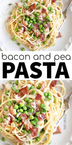 bacon and pea pasta on a white plate with the words bacon and pea pasta above it