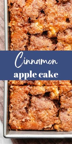 cinnamon apple cake in a pan with text overlay