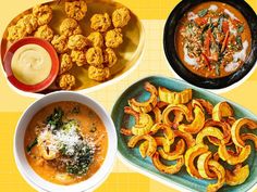 three different dishes are shown on yellow and orange background, one is filled with soup, the other has fried vegetables