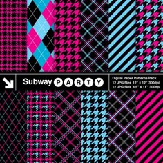 a collection of different colored plaid patterns on black and pink background with text that says subway party