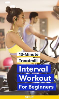 a woman on an exercise bike with the words 10 - minute treadmill intervals workout for beginners