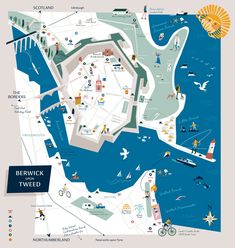 a map with people walking and riding bikes on the water in front of a city