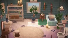 a doll house bathroom with blue tile walls and floor, potted plants on the shelf